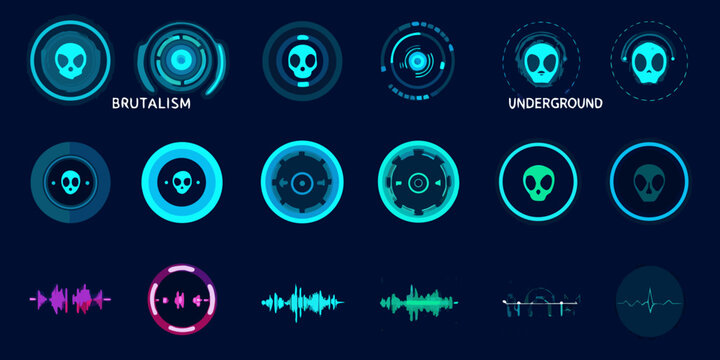 Futuristic skull and alien icons with vibrant neon and digital elements