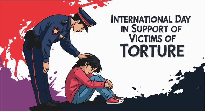 Police officer comforting victim of abuse in somber mood with bold vibrant colors in flat illustration style for awareness campaign