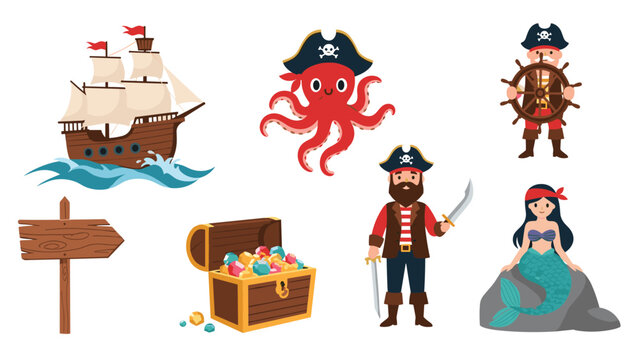Set of pirate themed characters and icons including a ship treasure chest octopus pirate captain and a mermaid on rocks.