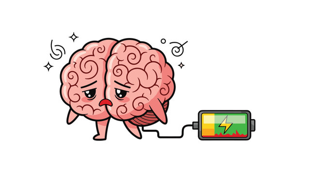 Humorous cartoon illustration of a tired and exhausted brain connected to a charging battery to represent mental burnout.