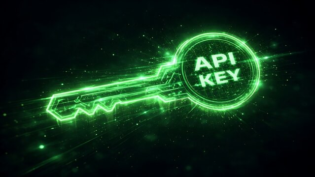 Holographic green glowing key with 'API Key' text, symbolizing digital access, technology, and secure data transfer.
