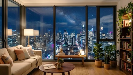 Fototapeta premium A cozy modern apartment interior at night