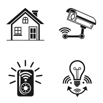 A set of four black and white vector icons depicting smart home technology and wireless connectivity