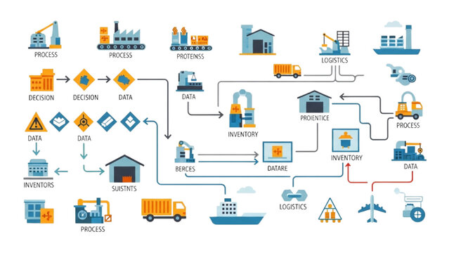Value Stream Mapping VSM Icon Set, Lean Manufacturing Process Symbols, Colorful Vector Icons for Supply Chain Logistics and Industrial Data Flow Map