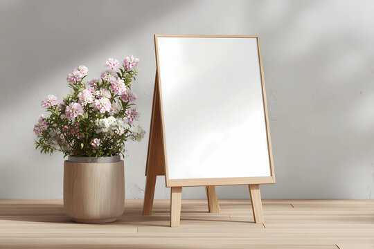 A blank white canvas on an easel next to a vase with pink flowers on a wooden table
