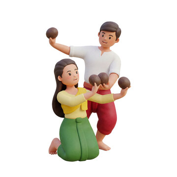 Traditional Cambodian Coconut Shell Dance 3D Render - Khmer Folk Dance