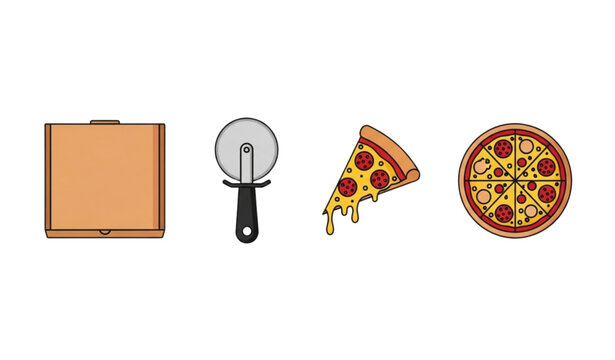 A set of colorful pizza icons including a box, cutter, slice, and pie