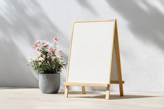 A blank whiteboard standing next to a potted plant with pink flowers on a wooden floor
