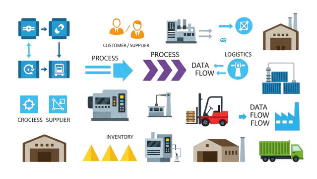 Value Stream Mapping VSM Icon Set, Lean Manufacturing Process Symbols, Colorful Vector Icons for Supply Chain Logistics and Industrial Data Flow Map