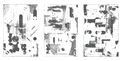 Obraz premium A monochromatic triptych featuring an abstract composition of geometric shapes and textures.