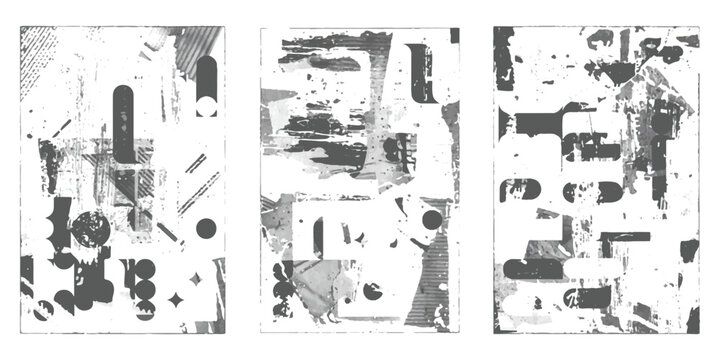 A monochromatic triptych featuring an abstract composition of geometric shapes and textures.