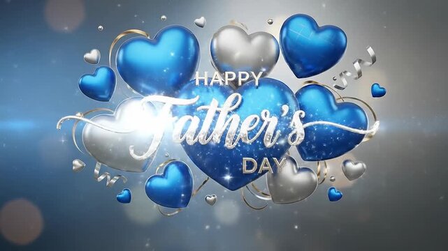 3 d blue and silver heart balloons with "happy father's day" gold text, floating celebration background