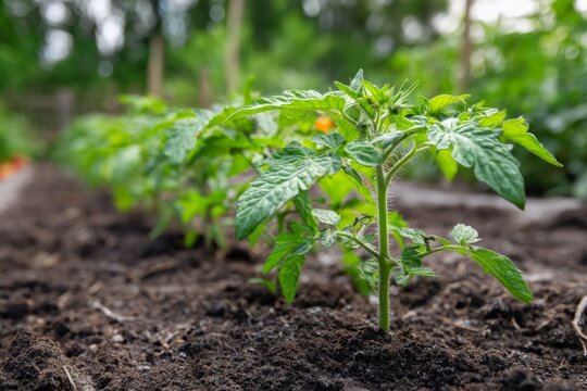 Young tomato plants growing in fertile garden soil