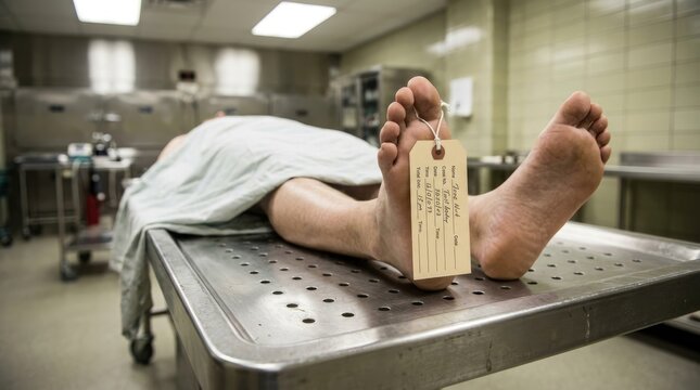 A man lies supine on a stainless steel table in a cold, sterile room. His feet are tagged with a small identification label.