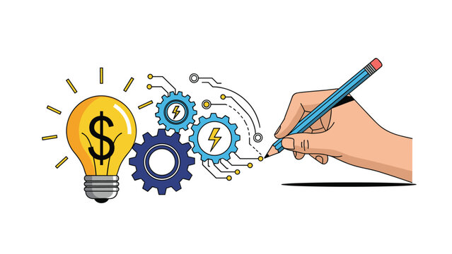 Hand sketching connecting gears leading to lightbulb with dollar sign represents creative ideation and profitable business innovation strategies.