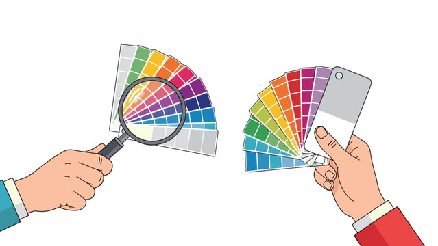 Two designers hold color swatch palettes and use a magnifying glass to carefully select the perfect hue for a project.