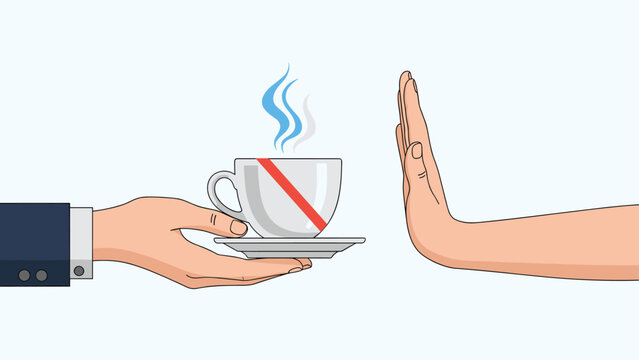Person makes a stopping gesture with their hand to politely refuse a cup of hot coffee being offered by another individual.