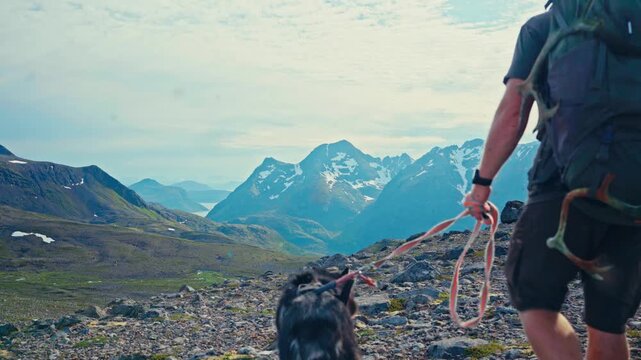Middagsfjellet, Sandland, Nordkapp, Finnmark, Norway - Two Hikers and Their Dogs Trek Across a Rocky Path With Snow-capped Mountains in the Distance - Static Shot