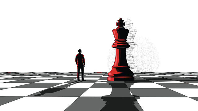 Small silhouette of a man stands on a giant chessboard facing a massive red king piece to represent a strategic challenge.