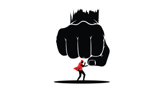 Small figure of a person in a red shirt courageously holds up and resists a massive black fist descending from above.