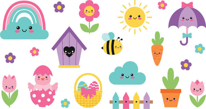 Cute spring elements vector set featuring sun rainbow flowers bee clouds umbrella and Easter egg cartoon collection isolated design