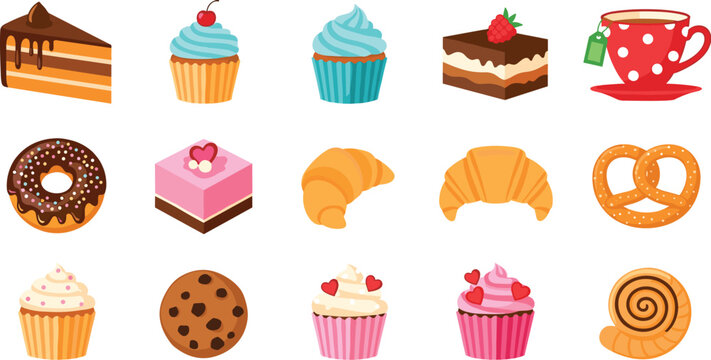 Delicious bakery desserts vector set featuring cupcakes cakes donuts croissants cookies pretzels and tea cup sweet collection isolated