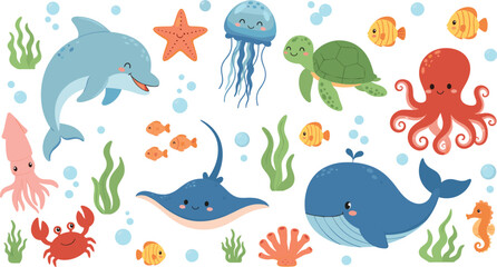 Cute sea animals vector set featuring dolphin whale octopus turtle jellyfish crab and fish underwater cartoon collection isolated © Kharshad Creative