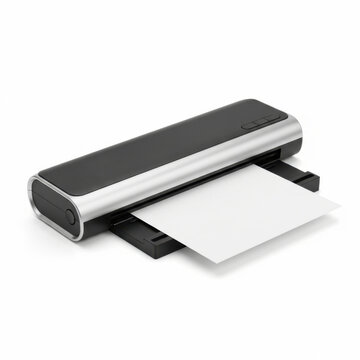 Portable black and silver document scanner with blank white paper sheet