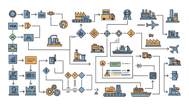 Value Stream Mapping VSM Icon Set, Lean Manufacturing Process Symbols, Colorful Vector Icons for Supply Chain Logistics and Industrial Data Flow Map