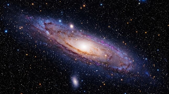 The image showcases the Andromeda Galaxy, a spiral galaxy, prominently displayed against a backdrop of countless stars and deep space.