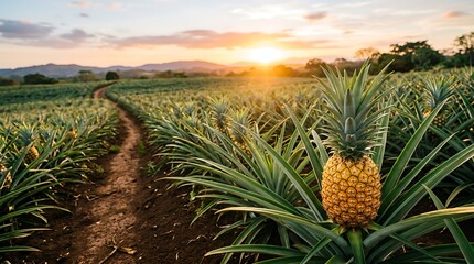 Obraz premium Ripe pineapple fruit growing on a plantation field during golden hour sunset with a winding dirt path