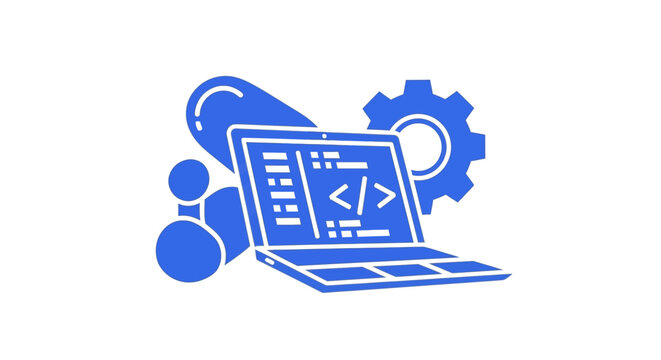 Laptop with coding symbols on screen.