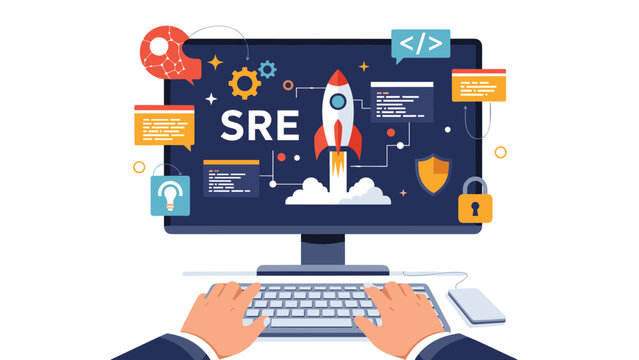 Site reliability engineering professional works on computer with cloud computing development and infrastructure monitoring tools.