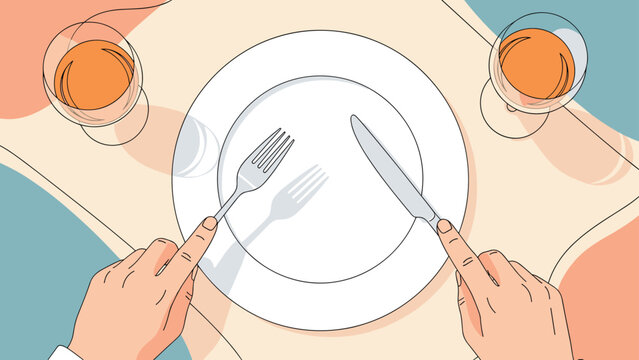 Proper table manners and restaurant dining etiquette shown from top view with person holding fork and knife over empty white plate.
