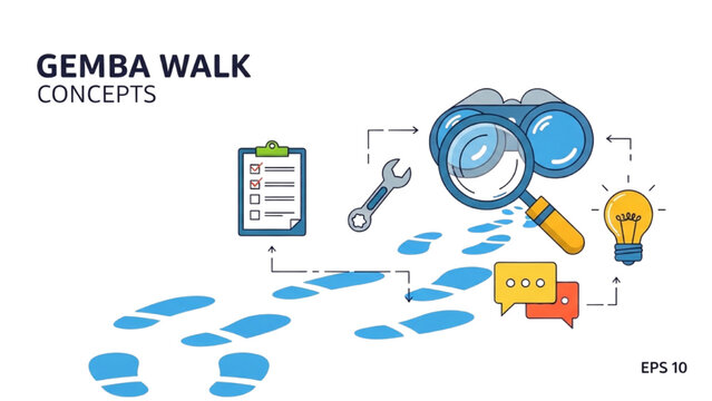 Gemba Walk Lean Management Icon Set, Workplace Observation and Inspection Symbols, Colorful Vector Icons for Industrial Leadership and Process Audit