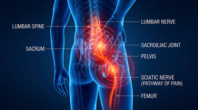 Human anatomy showing sciatica nerve pain in lumbar spine and sacroiliac joint