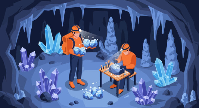 Two miners in a cave filled with large crystals, one holding a backpack full of gems and the other examining a specimen on a table.