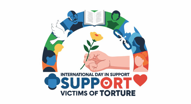 Hand holding yellow flower in solidarity gesture with international day in support victims of torture logo in vibrant colorful illustration for awareness campaign