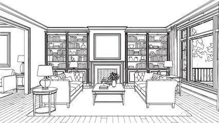 Elegant sketch of a classic living room with built in bookcases and fireplace © freelancemoment