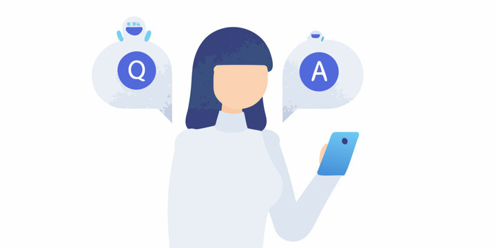 Woman using a smartphone with question and answer bubbles above her head