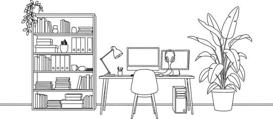 Sketch of a home office setup with bookshelves desk computer and plants © freelancemoment