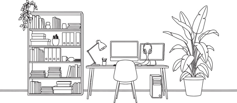 Sketch of a home office setup with bookshelves desk computer and plants