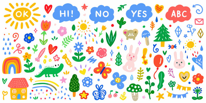 Colorful hand drawn doodle set featuring cheerful illustrations and lettering