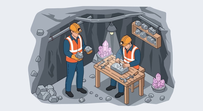 Two miners in a mine shaft carefully examining and sorting precious crystals and rocks on a wooden table under artificial light.