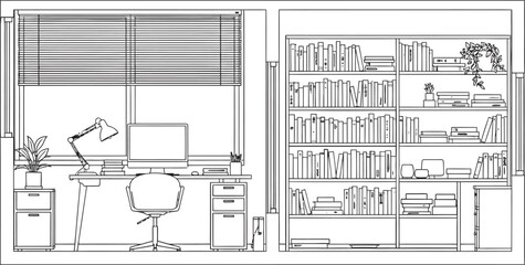Architectural blueprint of a home office with a desk chair bookshelves and window treatments © freelancemoment