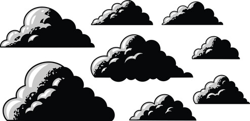 Naklejka premium Set of dark storm clouds illustrations with white highlights on a transparent checkered background.