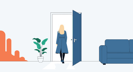 Fototapeta premium Woman walks away from dark room through open door into bright light symbolizing hope, new beginnings, or departure.