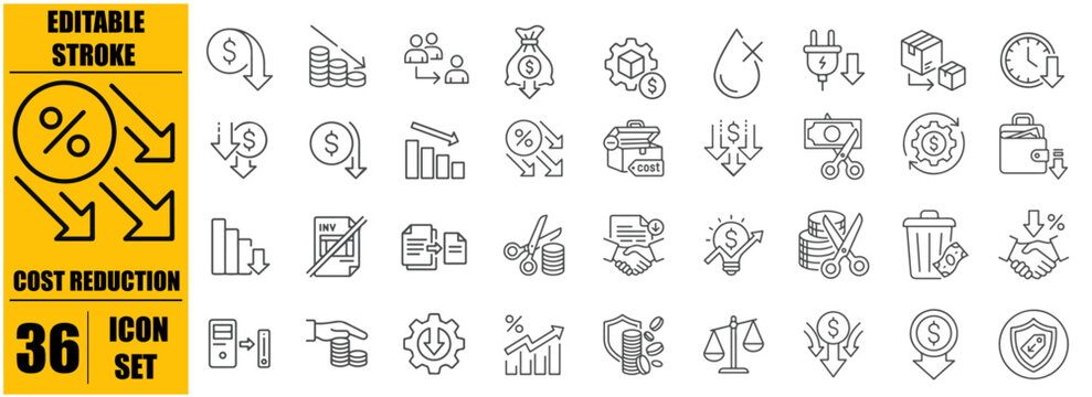 Cost Reduction icon set. Editable line icons. Vector illustration.