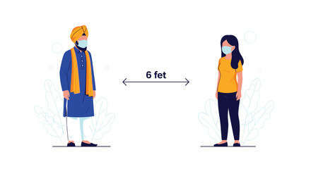 Fototapeta premium Man and woman wearing protective face masks stand six feet apart to maintain social distancing for public health safety.
