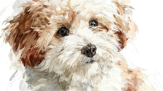 Ilustraci&oacute;n bordada de perro maltipoo sobre fondo blanco con textura artesanal de lana en colores marr&oacute;n, blanco y rosa